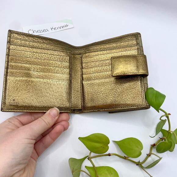 Gucci Gold Bow Beige Brown GG Canvas Leather Compact Square Wallet - Picture 6 of 10